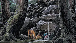 Tapisserie d’Aubusson : Ashitaka soulage sa blessure démoniaque - D’après le film d'Hayao Miyazaki…